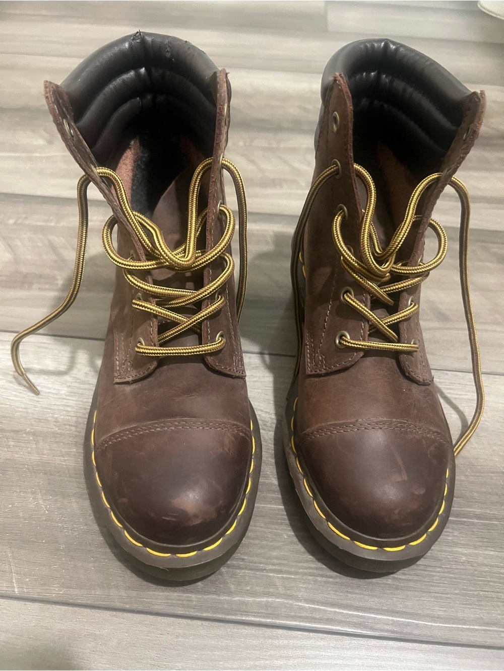Dr. Martens Brown Leather Lace-Up Boot with Yellow Stitching